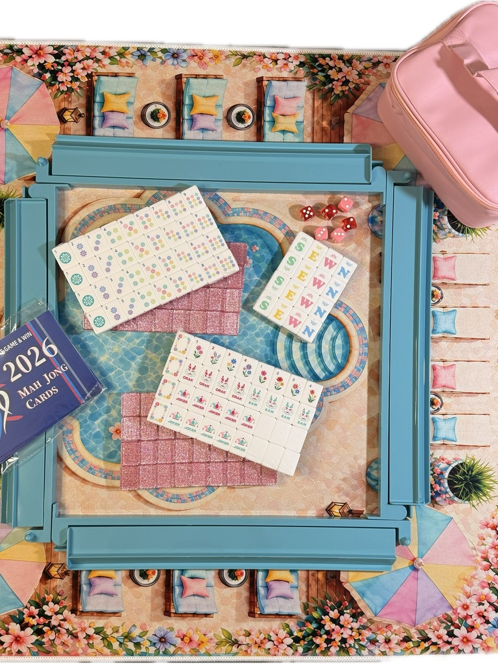 Mahjong Set with Pink Glitter tiles-Tiles, racks, mat and tile bag